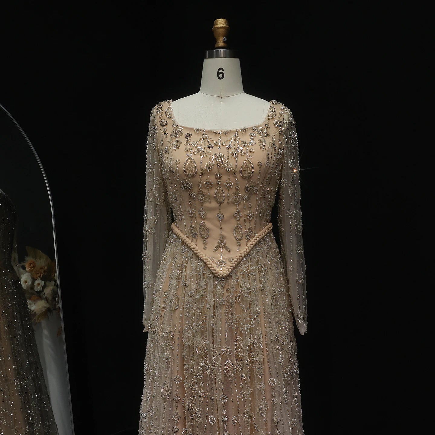 Green Long Sleeves Sage Green Spaghetti Strap Evening Gown — Arabic Luxury 2026 — Riviera Couture GCC Luxury Evening Gown