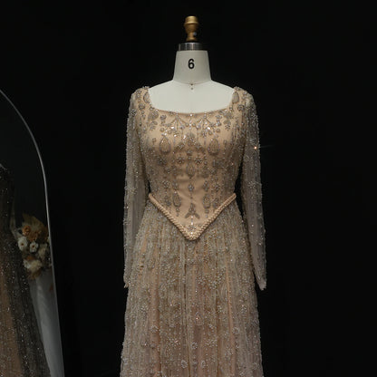 Green Long Sleeves Sage Green Spaghetti Strap Evening Gown — Arabic Luxury 2026 — Riviera Couture GCC Luxury Evening Gown