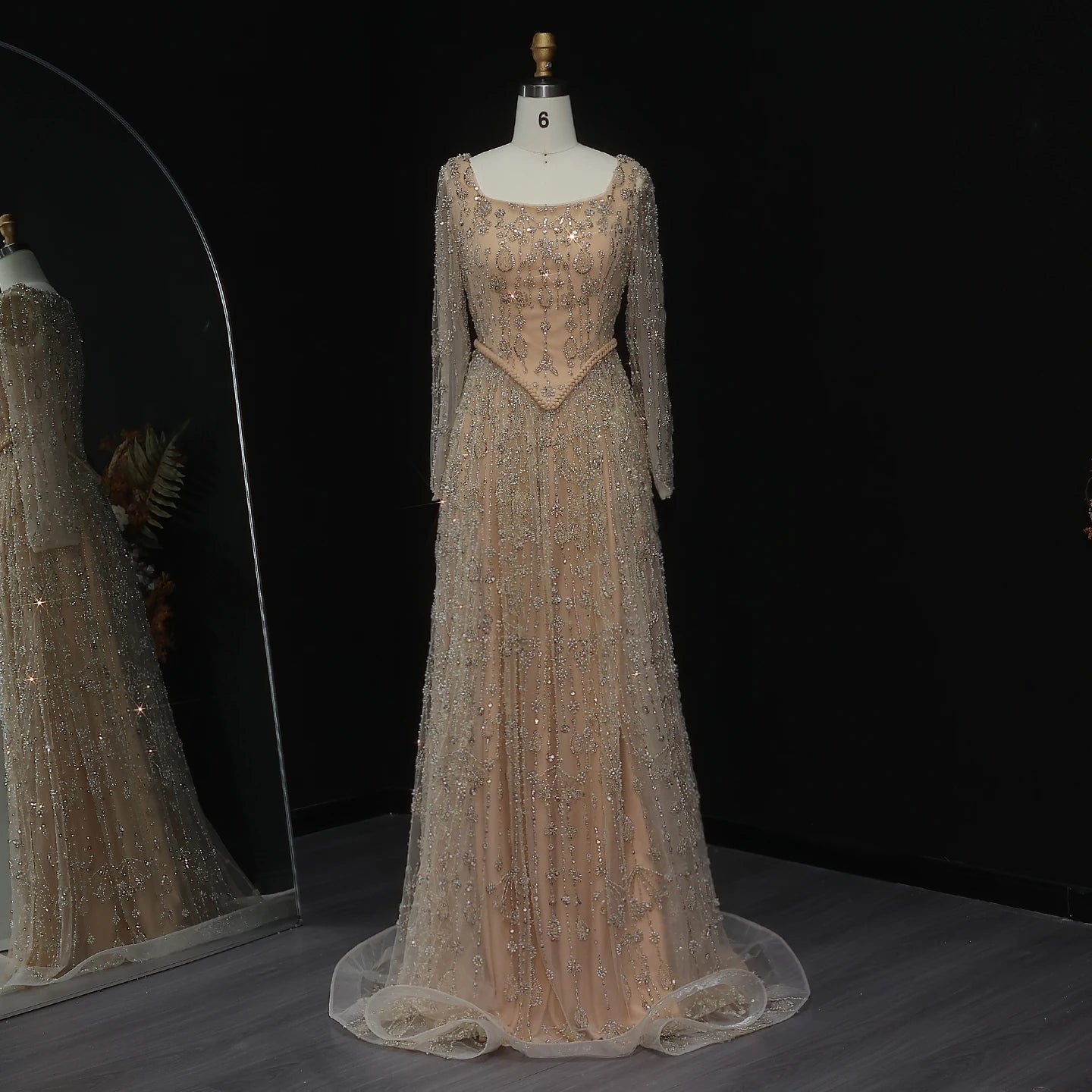 Green Long Sleeves Sage Green Spaghetti Strap Evening Gown — Arabic Luxury 2026 — Riviera Couture GCC Luxury Evening Gown