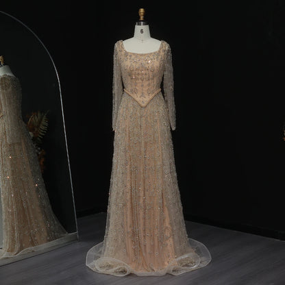Green Long Sleeves Sage Green Spaghetti Strap Evening Gown — Arabic Luxury 2026 — Riviera Couture GCC Luxury Evening Gown