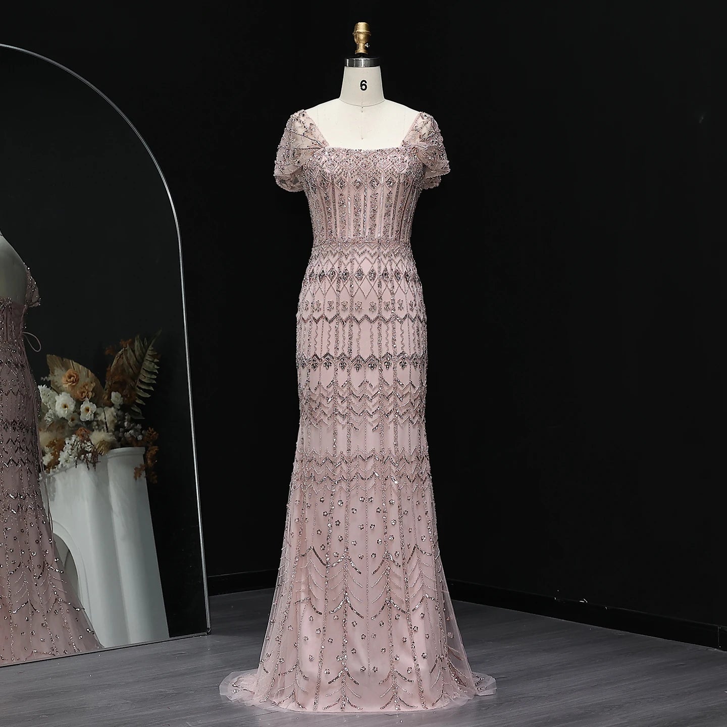 Champagne Burgundy Mermaid Evening Gown with Cap Sleeve — Dubai Arabic Luxury — Riviera Couture GCC Luxury Evening Gown