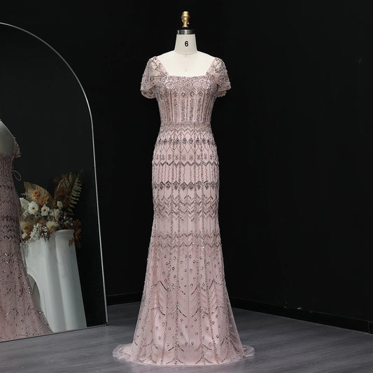 Champagne Burgundy Mermaid Evening Gown with Cap Sleeve — Dubai Arabic Luxury — Riviera Couture GCC Luxury Evening Gown