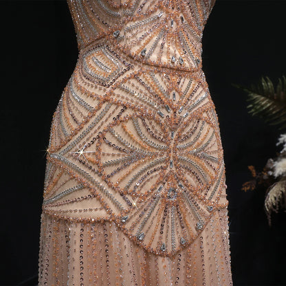 Champagne Champagne Mermaid Evening Gown — Luxury Beaded Saudi Wedding Formal — Riviera Couture GCC Luxury Evening Gown