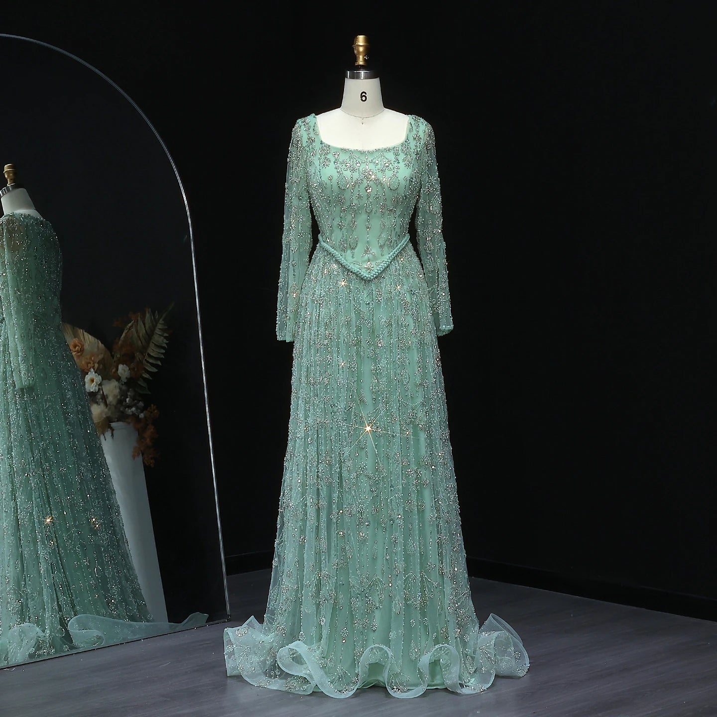 green Sage Green Spaghetti Strap Evening Gown — Arabic Luxury 2026 — Riviera Couture GCC Luxury Evening Gown