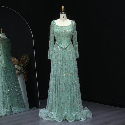 green Sage Green Spaghetti Strap Evening Gown — Arabic Luxury 2026 — Riviera Couture GCC Luxury Evening Gown