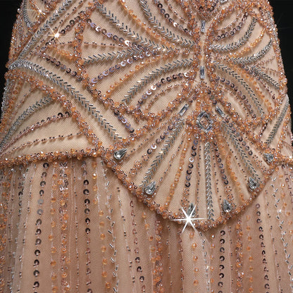Champagne Champagne Mermaid Evening Gown — Luxury Beaded Saudi Wedding Formal — Riviera Couture GCC Luxury Evening Gown