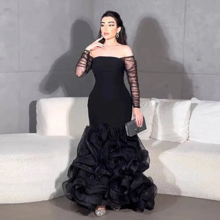 Custom Made Off Shoulder Black Evening Dress - Riviera Couture