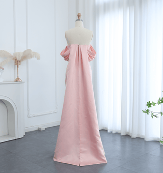 Satin Off Shoulder Gown with Crystals - Riviera Couture