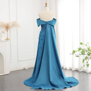 Blue Satin Evening Dress with Cape - RC22 - Riviera Couture