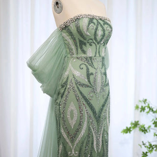 Strapless Sage Green Evening Dress with Cape Sleeves - Riviera Couture