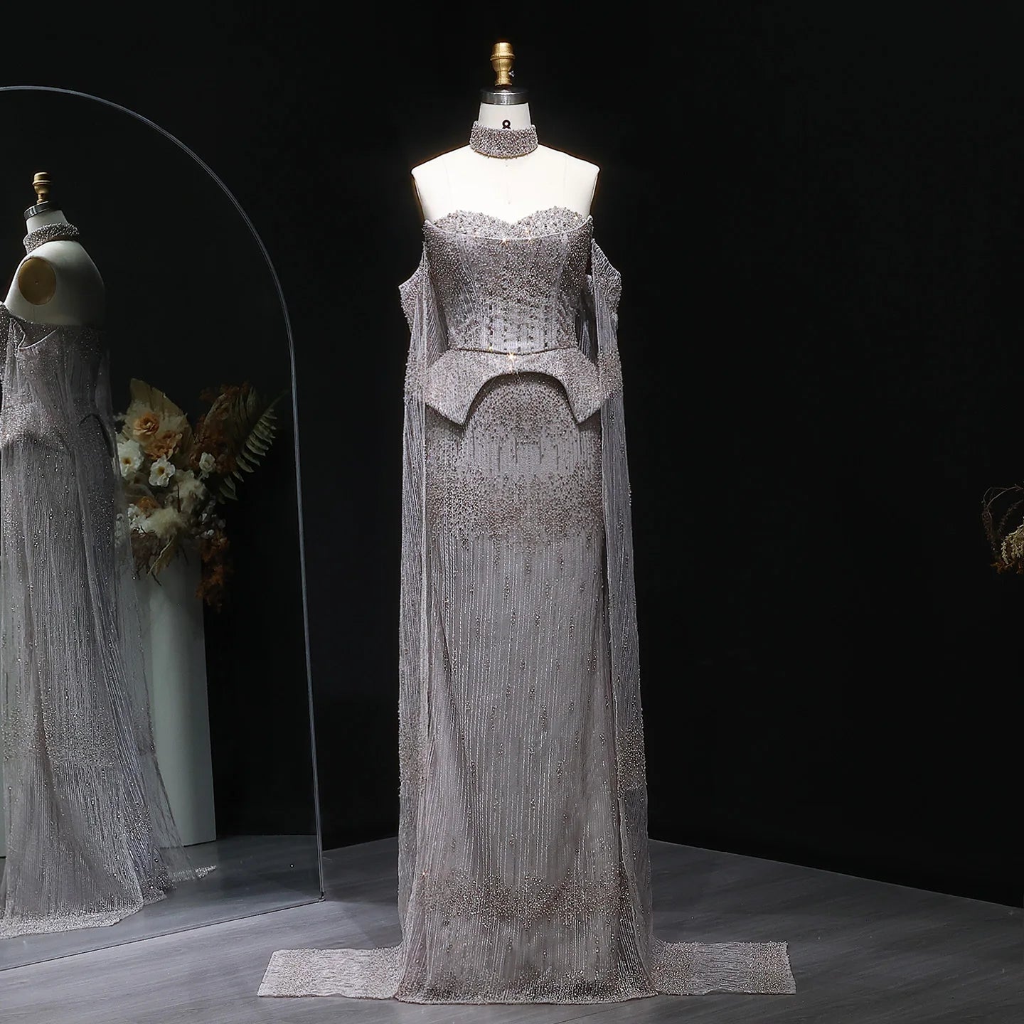 Silver Grey Crystal Off-Shoulder Evening Gown with Cape Sleeves — 2026 — Riviera Couture GCC Luxury Evening Gown