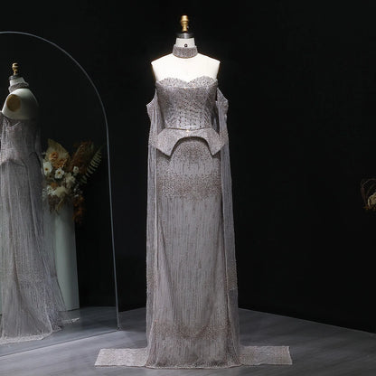 Silver Grey Crystal Off-Shoulder Evening Gown with Cape Sleeves — 2026 — Riviera Couture GCC Luxury Evening Gown