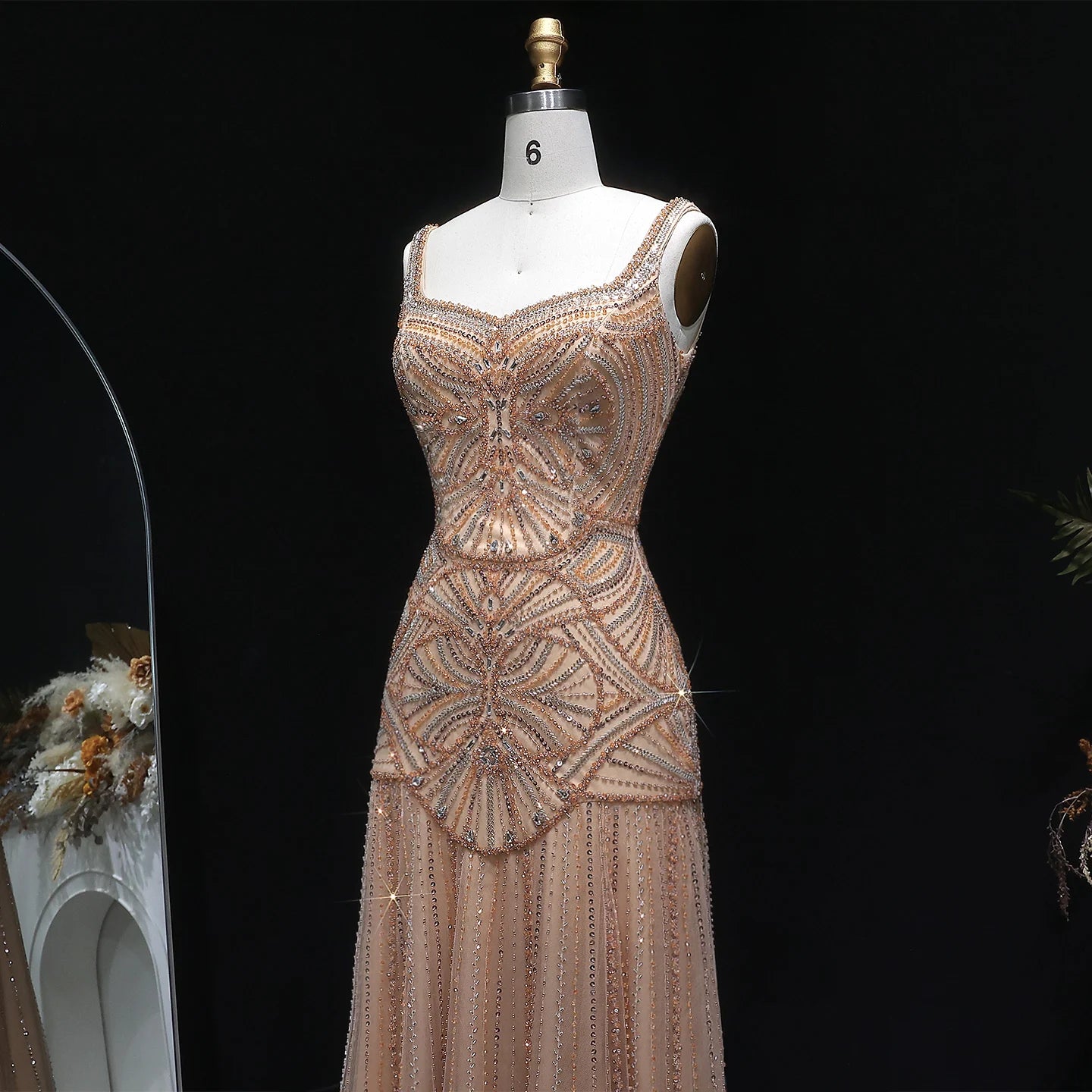Champagne Champagne Mermaid Evening Gown — Luxury Beaded Saudi Wedding Formal — Riviera Couture GCC Luxury Evening Gown