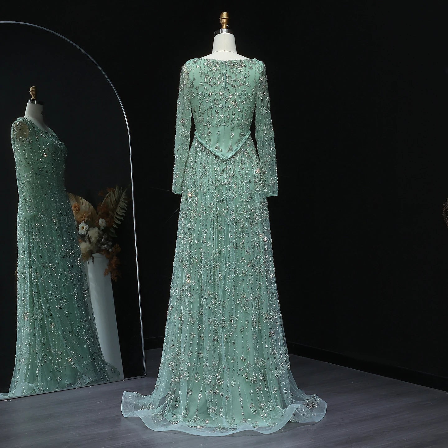 green Sage Green Spaghetti Strap Evening Gown — Arabic Luxury 2026 — Riviera Couture GCC Luxury Evening Gown