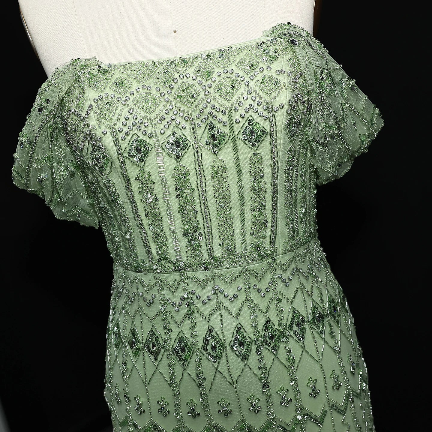 green Burgundy Mermaid Evening Gown with Cap Sleeve — Dubai Arabic Luxury — Riviera Couture GCC Luxury Evening Gown