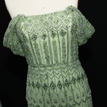green Burgundy Mermaid Evening Gown with Cap Sleeve — Dubai Arabic Luxury — Riviera Couture GCC Luxury Evening Gown