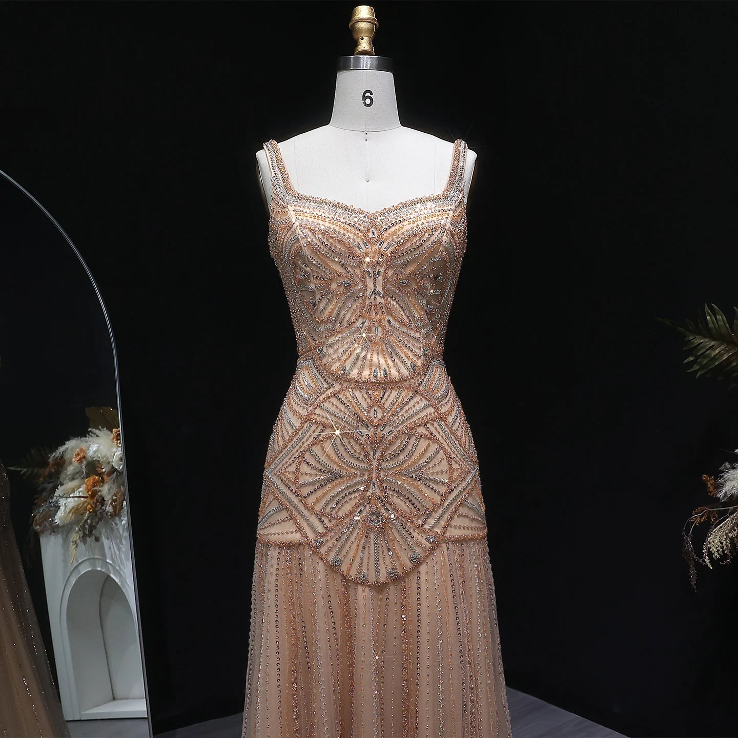 Champagne Champagne Mermaid Evening Gown — Luxury Beaded Saudi Wedding Formal — Riviera Couture GCC Luxury Evening Gown