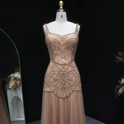 Champagne Champagne Mermaid Evening Gown — Luxury Beaded Saudi Wedding Formal — Riviera Couture GCC Luxury Evening Gown