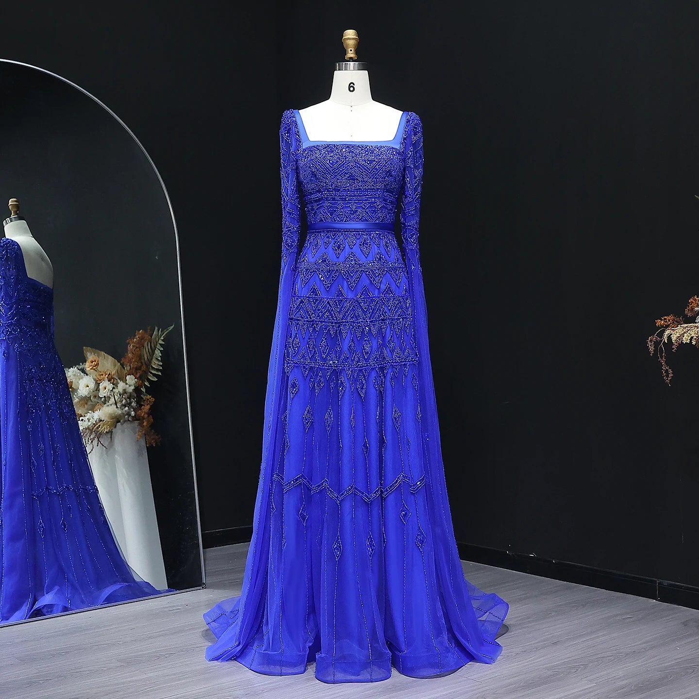 Sage Green Wine Red Burgundy Evening Gown with Cape Sleeve — Arabic Luxury 2026 — Riviera Couture GCC Luxury Evening Gown