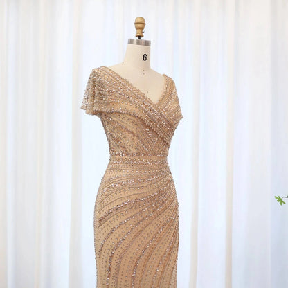 Full Crystal Short Sleeve Gown - Riviera Couture