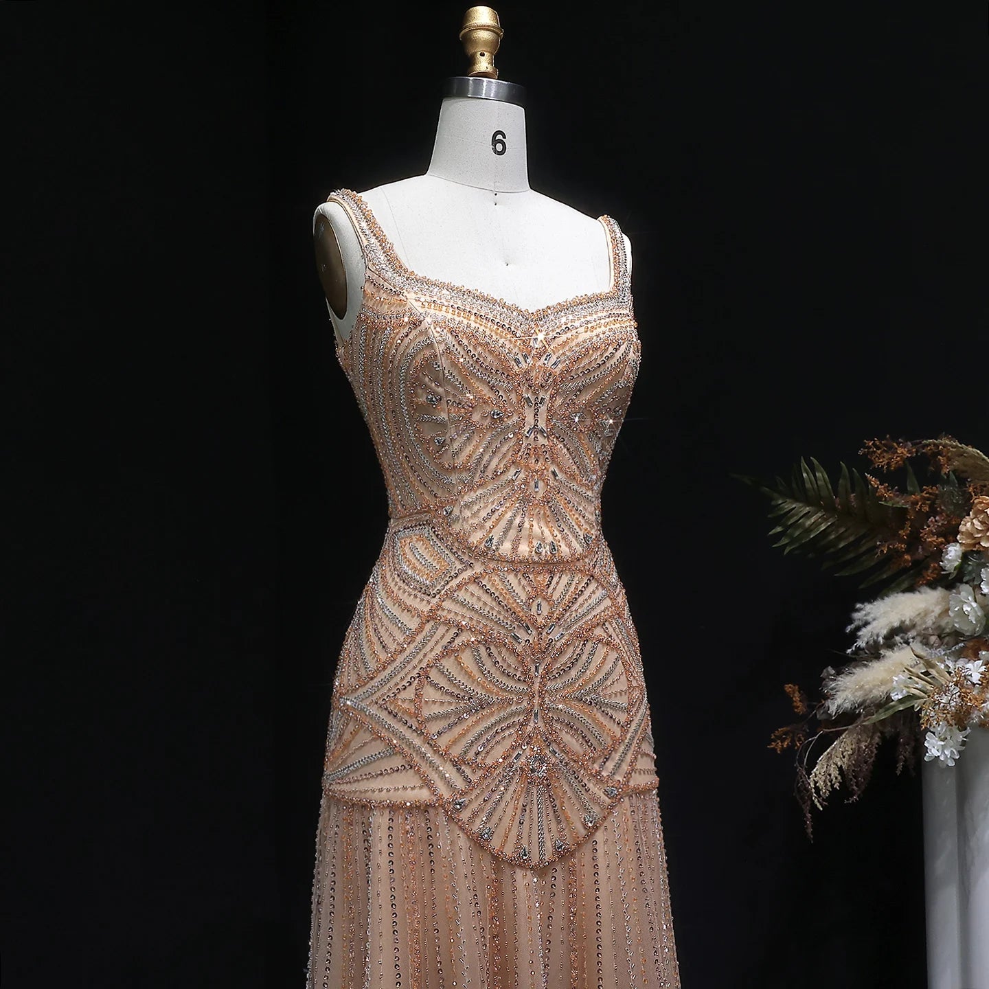 Champagne Champagne Mermaid Evening Gown — Luxury Beaded Saudi Wedding Formal — Riviera Couture GCC Luxury Evening Gown
