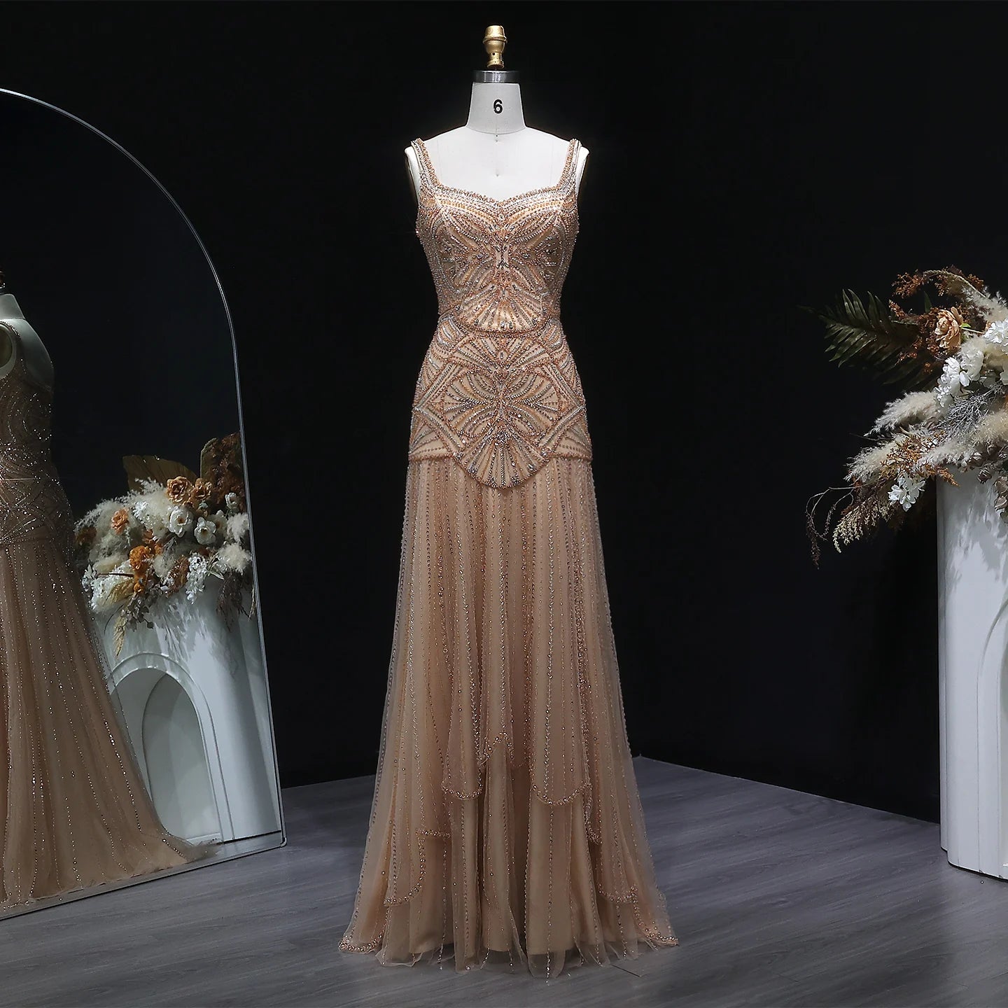 Champagne Champagne Mermaid Evening Gown — Luxury Beaded Saudi Wedding Formal — Riviera Couture GCC Luxury Evening Gown