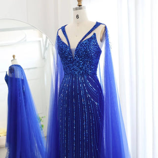 Royal Blue Mermaid Evening Dress with Cape - Riviera Couture