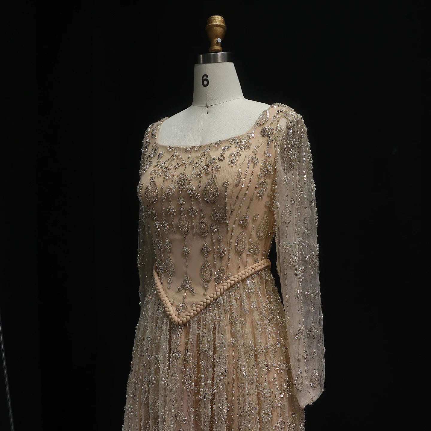 Green Long Sleeves Sage Green Spaghetti Strap Evening Gown — Arabic Luxury 2026 — Riviera Couture GCC Luxury Evening Gown