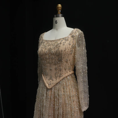Green Long Sleeves Sage Green Spaghetti Strap Evening Gown — Arabic Luxury 2026 — Riviera Couture GCC Luxury Evening Gown