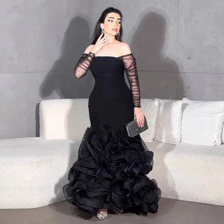 Custom Made Off Shoulder Black Evening Dress - Riviera Couture