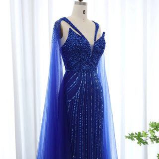 Royal Blue Mermaid Evening Dress with Cape - Riviera Couture