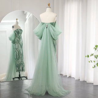 Strapless Sage Green Evening Dress with Cape Sleeves - Riviera Couture