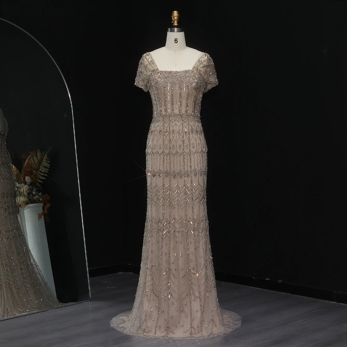 Pink Burgundy Mermaid Evening Gown with Cap Sleeve — Dubai Arabic Luxury — Riviera Couture GCC Luxury Evening Gown