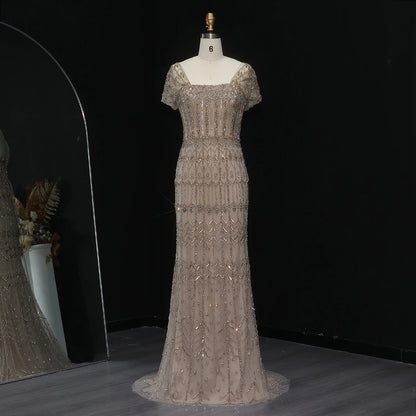 Pink Burgundy Mermaid Evening Gown with Cap Sleeve — Dubai Arabic Luxury — Riviera Couture GCC Luxury Evening Gown