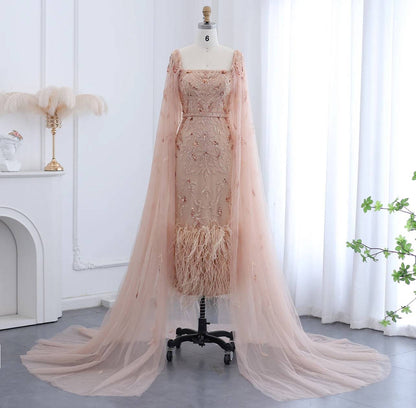 Feathers Evening Dress with Cape Sleeves Ankle Length - Riviera Couture