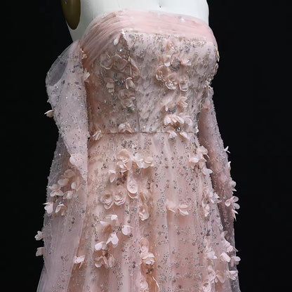 Pink 3D Flowers Strapless Gown with Gloves luxury evening dress by Riviera Couture