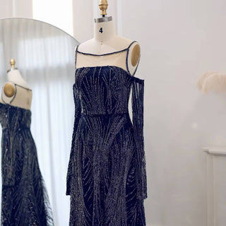 Navy Blue Beaded Gown - Riviera Couture