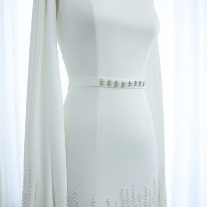 Mermaid Nude Evening Dress with Cape Sleeves Tiered Ruffles - Riviera Couture