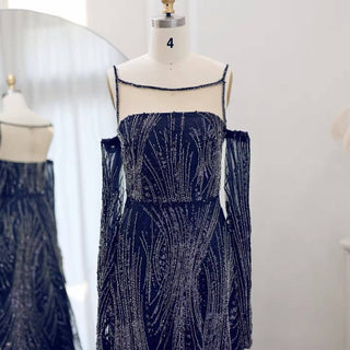 Navy Blue Beaded Gown - Riviera Couture