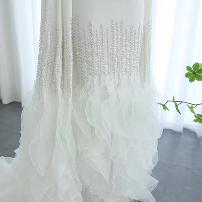 Mermaid Nude Evening Dress with Cape Sleeves Tiered Ruffles - Riviera Couture