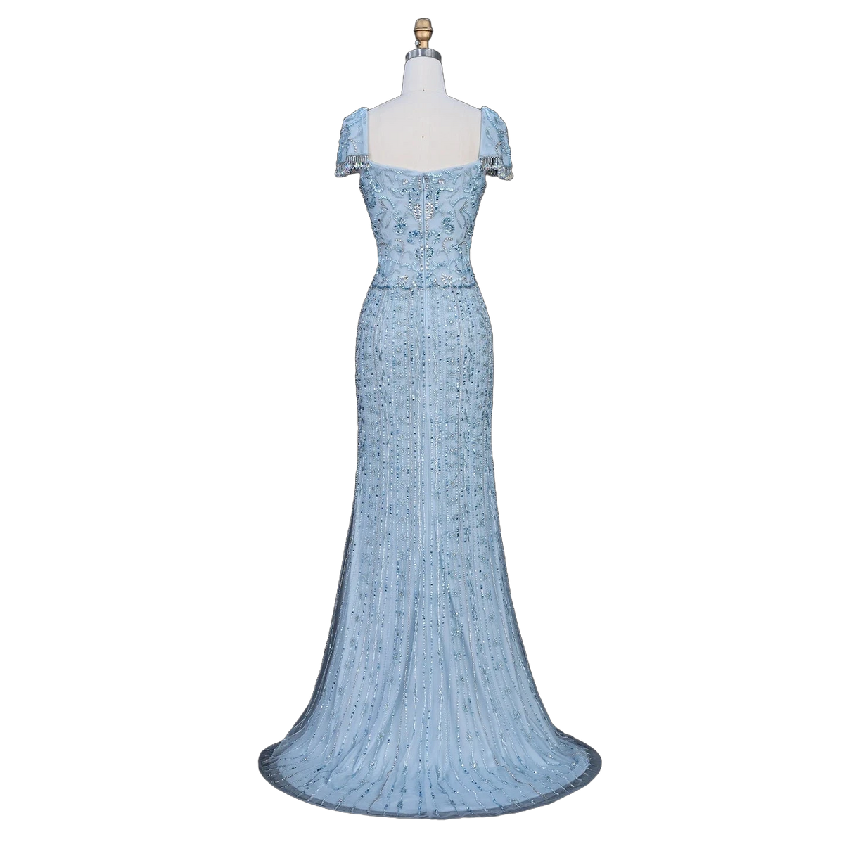 The Thuraya – crystal beaded cape sleeve mermaid evening gown | Riviera Couture