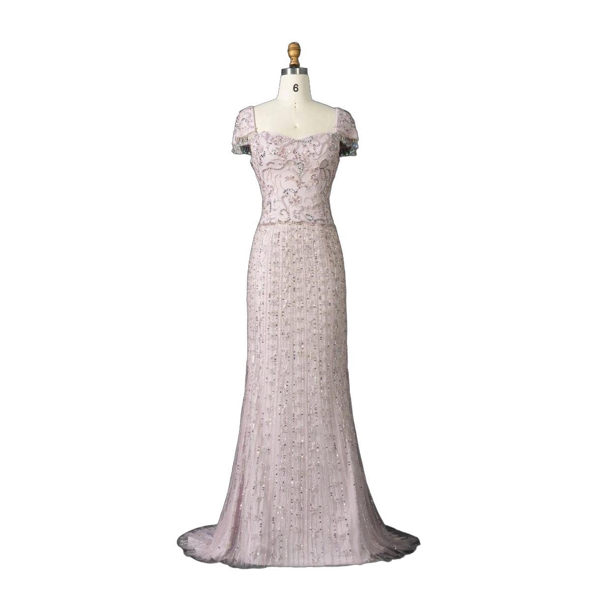 The Thuraya in pink – crystal beaded cape sleeve mermaid evening gown | Riviera Couture