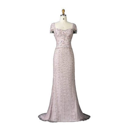 The Thuraya in pink – crystal beaded cape sleeve mermaid evening gown | Riviera Couture