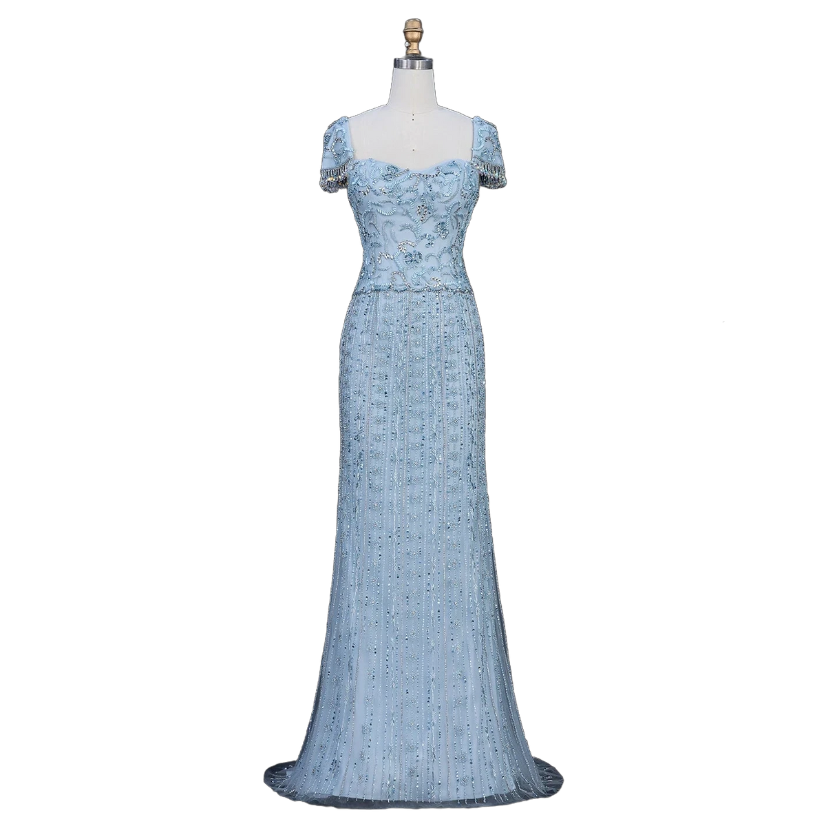 The Thuraya in blue – crystal beaded cape sleeve mermaid evening gown | Riviera Couture