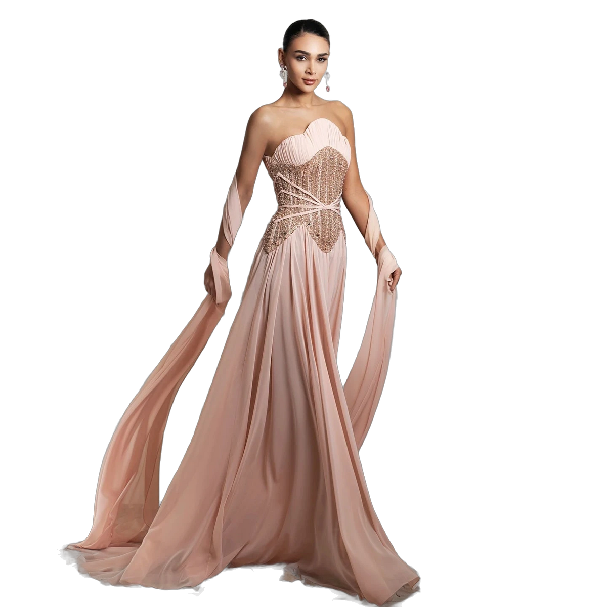 The Lulu – pink pearl beaded cape sleeve A-line evening gown | Riviera Couture