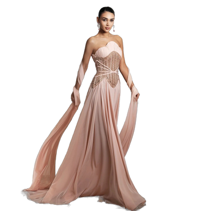 The Lulu – pink pearl beaded cape sleeve A-line evening gown | Riviera Couture
