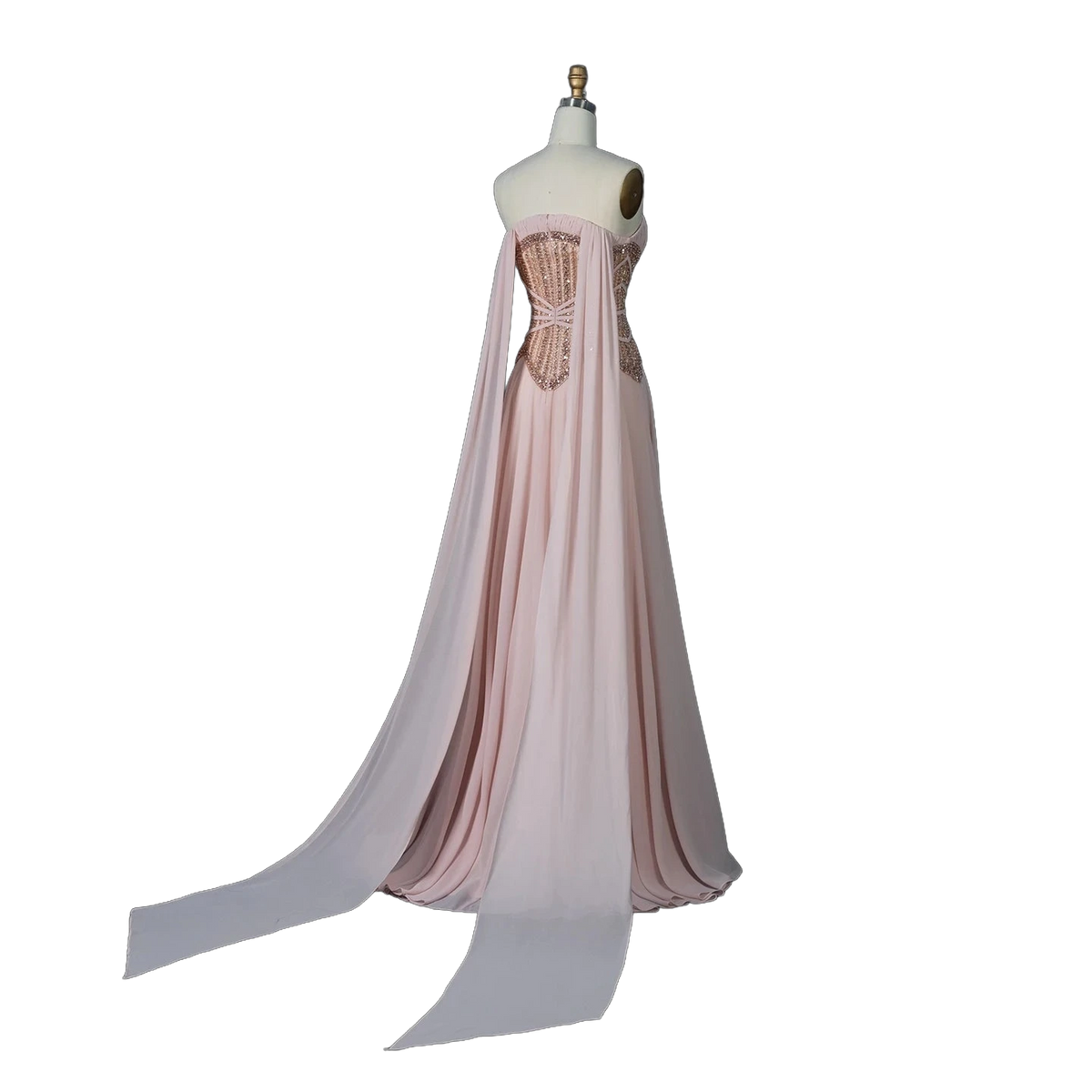 The Lulu – pink pearl beaded cape sleeve A-line evening gown | Riviera Couture