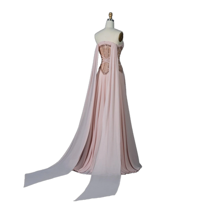 The Lulu – pink pearl beaded cape sleeve A-line evening gown | Riviera Couture