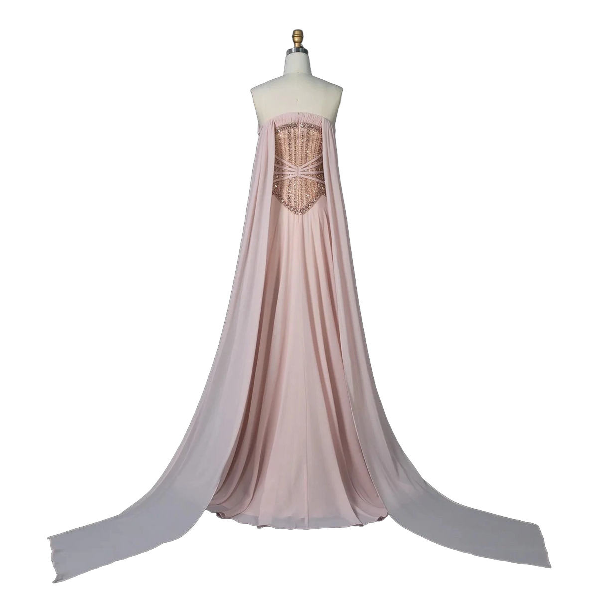 The Lulu – pink pearl beaded cape sleeve A-line evening gown | Riviera Couture