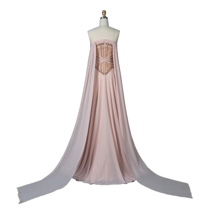 The Lulu – pink pearl beaded cape sleeve A-line evening gown | Riviera Couture